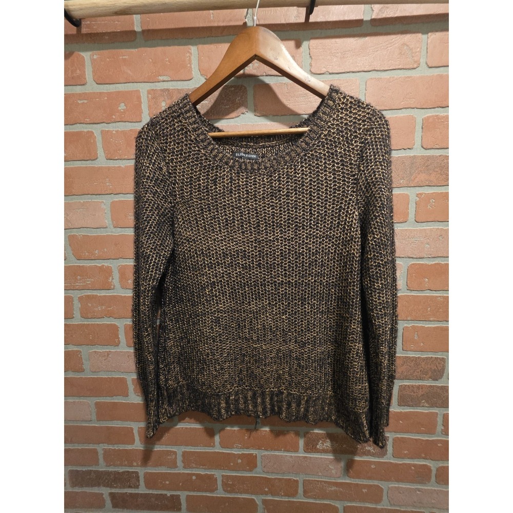 Eileen‎ Fisher Sweater Women Small Alpaca Mohair Open Knit Gold Party  sku 60